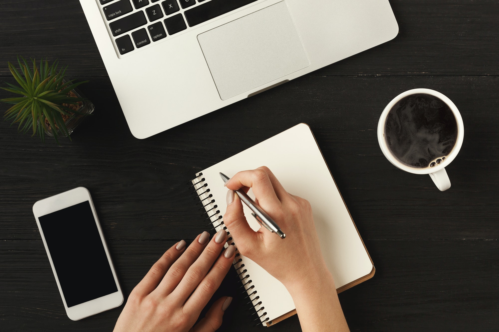 Woman's hands writing in notebook, top view