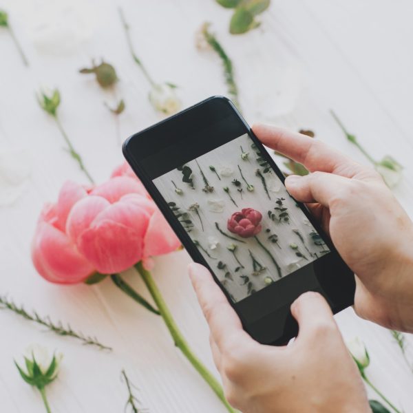 Hands holding phone and taking photo of stylish spring flowers flat lay. Blogging and social media